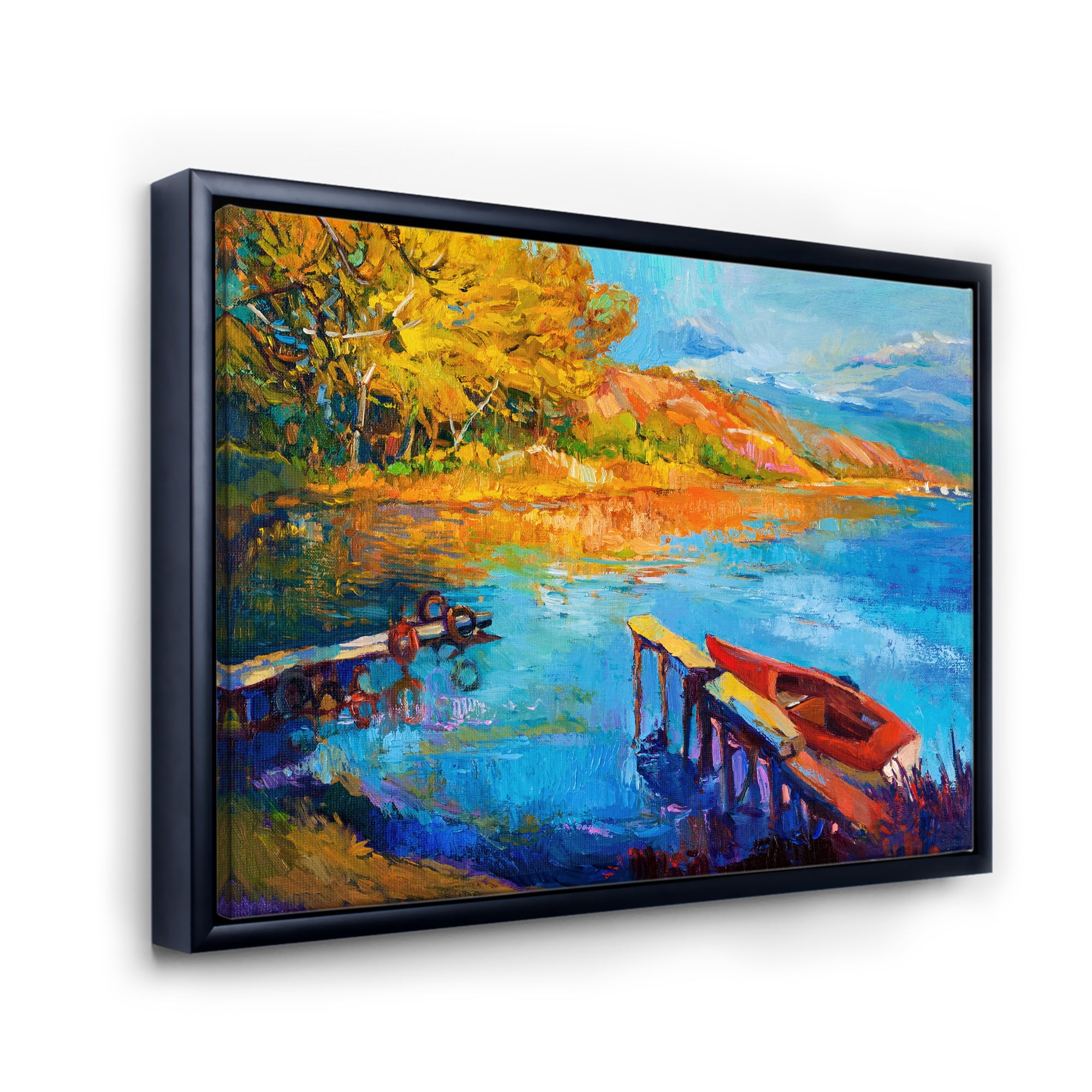 The Lake At Sunset Evening Glow II 32 in x 24 in Framed Painting Canvas Art Print, by Designart