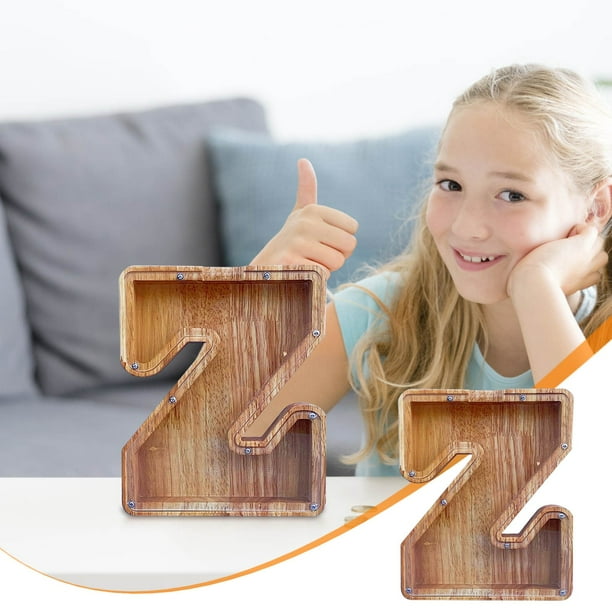 Caja de billetes de madera con fachada de cristal transparente • Caja de ahorro en letras inglesas • Construcción de madera natural • Banco decorativo de monedas de una sola pieza