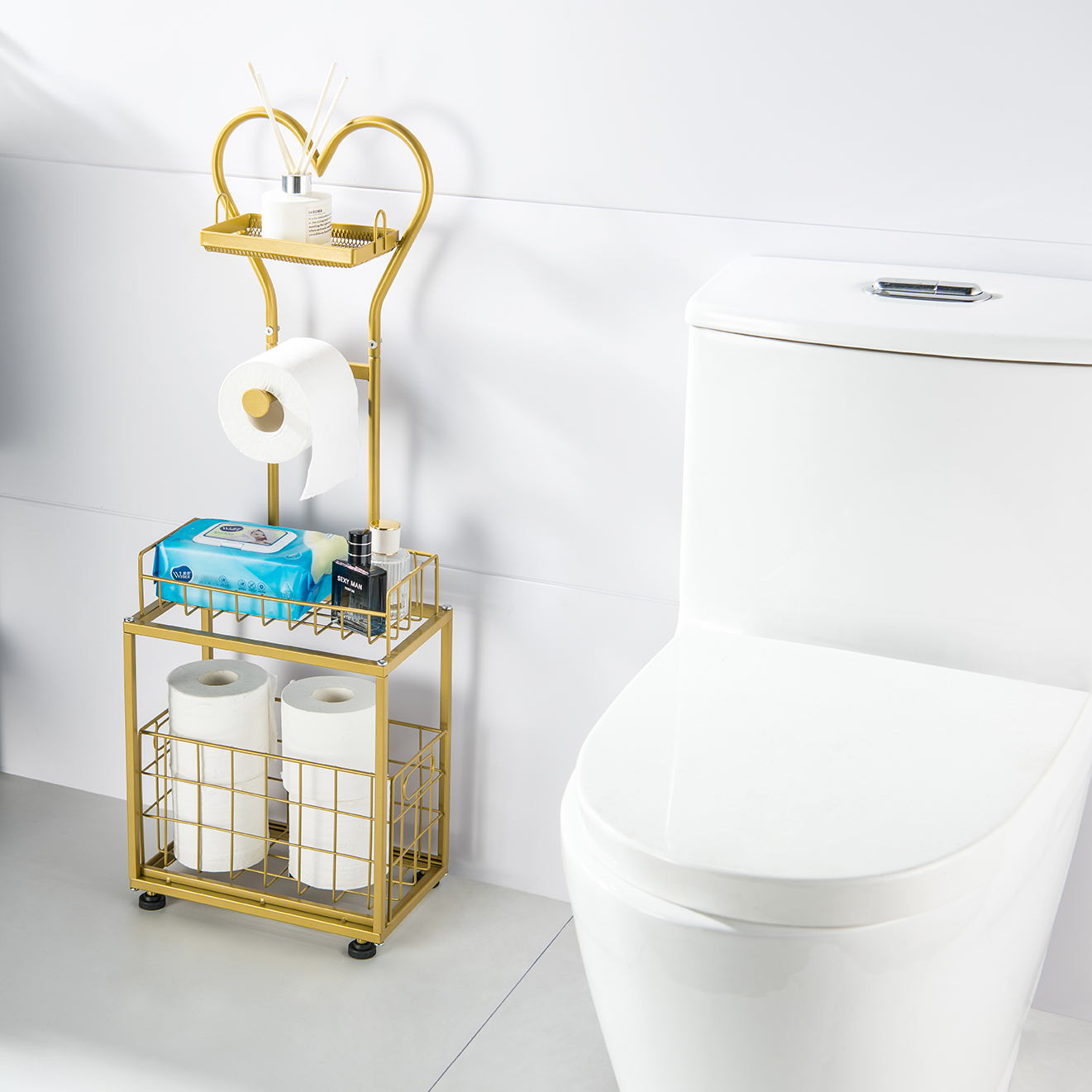 Freestanding Toilet Paper Holder, Drawer Style Storage Compartment, with Storage Shelf Reserve for Phone Tablet Magazine Bathroom Organizer (Gold)