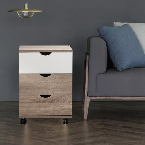 Side Table With Wheels 3 Drawer End Table Mobile Filing Home Office Cabinet Makeup Storage Drawers For Living Room Walnut White Walmart Com Walmart Com