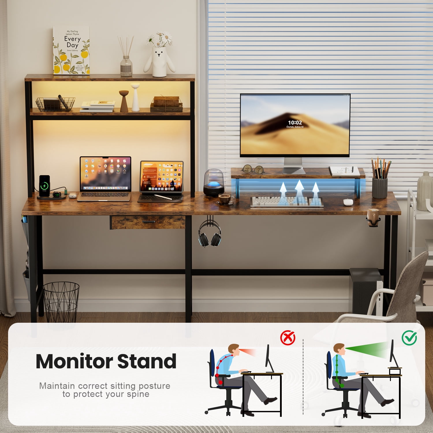 HLDIRECT L Shaped Gaming Desk with LED Light & Power Outlet, 59 Inch Reversible Corner Computer Desk with Storage Shelves & Drawer & Bag, Game Table with Hutch Monitor Stand, Rustic Brown
