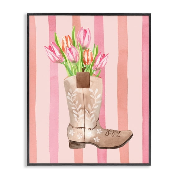 Tulip Cowgirl on Stripes Black Framed Giclee Art, design by Nina Jacobs