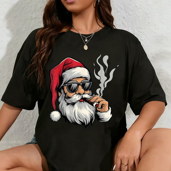 100% Cotton Cool Santa Smoking Cigar Funny Holiday Christmas Design T-Shirt
