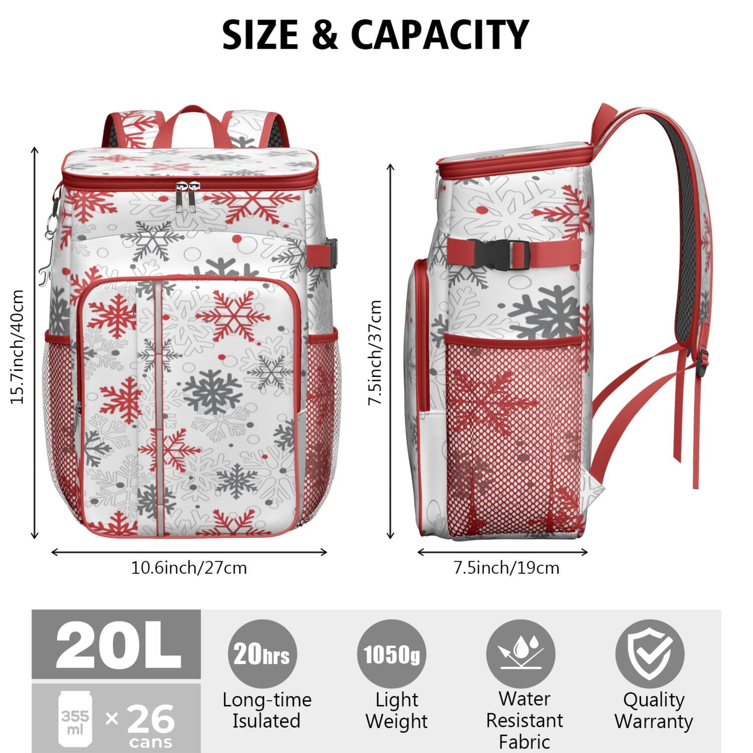 Travel Cooler Bag - White Christmas Snowflake Pattern Camping Beer Cooler Backpack with Bottle Opener- Waterproof Insulated Picnic Backpacks - Cooler Bag for Beach