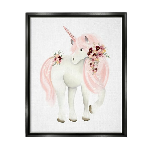 Stupell Industries Pastel Floral Unicorn Fairy Tales & Fantasy Painting Black Floater Framed Canvas Art Print Wall Art, 17 x 21