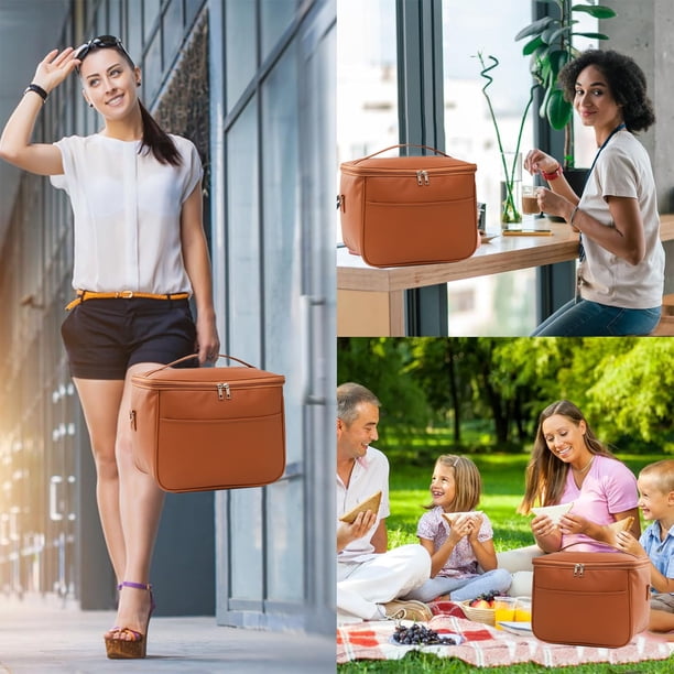 mfyjkho Bolsa de almuerzo para hombre|bolsa térmica de cuero|lonchera cuadrada grande con correa ajustable para el hombro|impermeable y aislante del calor|29 x 22 x 19 cm|negra|caqui|marrón y rosa