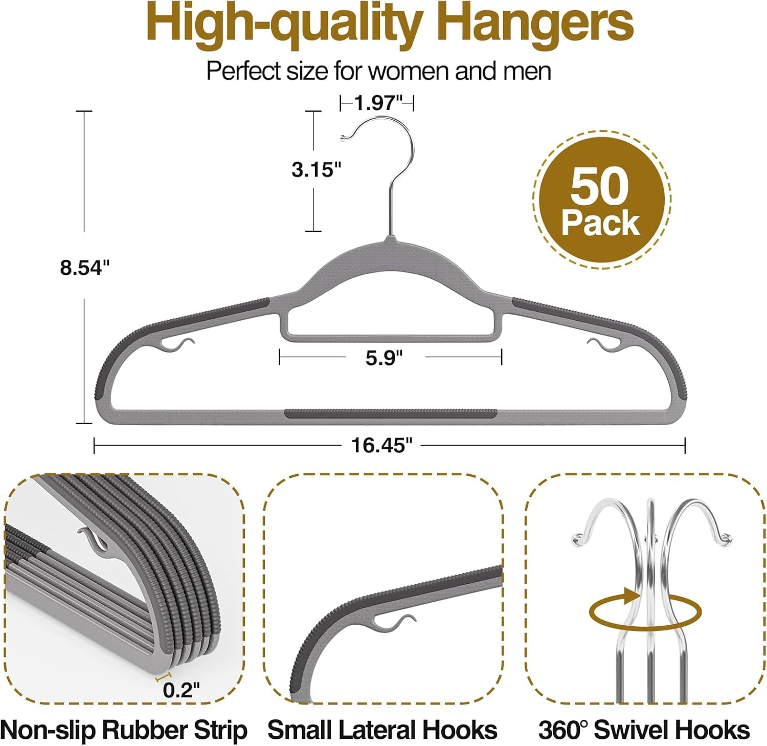 UEAKPIC Plastic Hangers 50 Pack, Heavy Duty Clothes Hangers with 360° Swivel Hook, Non-Slip, Space-Saving, Gray