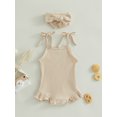 thumbnail image 3 of Infant Girls Romper Solid Color Knitted Ribbed Tie-Up Spaghetti Straps Sleeveless Ruffles Baby Bodysuits with Headband, 3 of 10