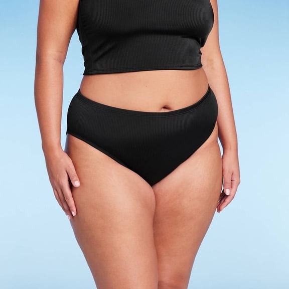 Women's Ribbed Scoop Front High Leg Cheeky Bikini Bottom ‚Black 1X