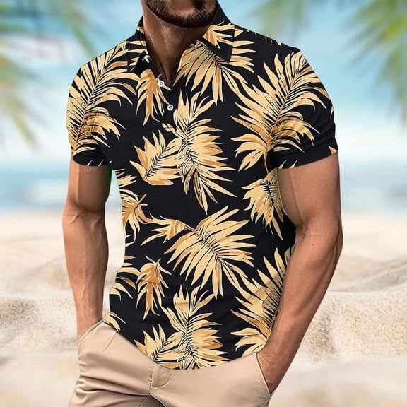 COSFO Hawaiian Polo Shirts for Men Big And Tall Short Sleeve Mesh Tops Collared Classic Fit Lightweight Pullover Mens Graphic Tees
