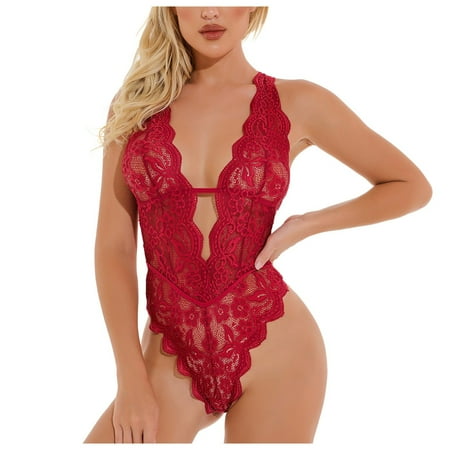 Women Sexy Lace One-Piece Lingerie Deep V Teddy Bodysuit