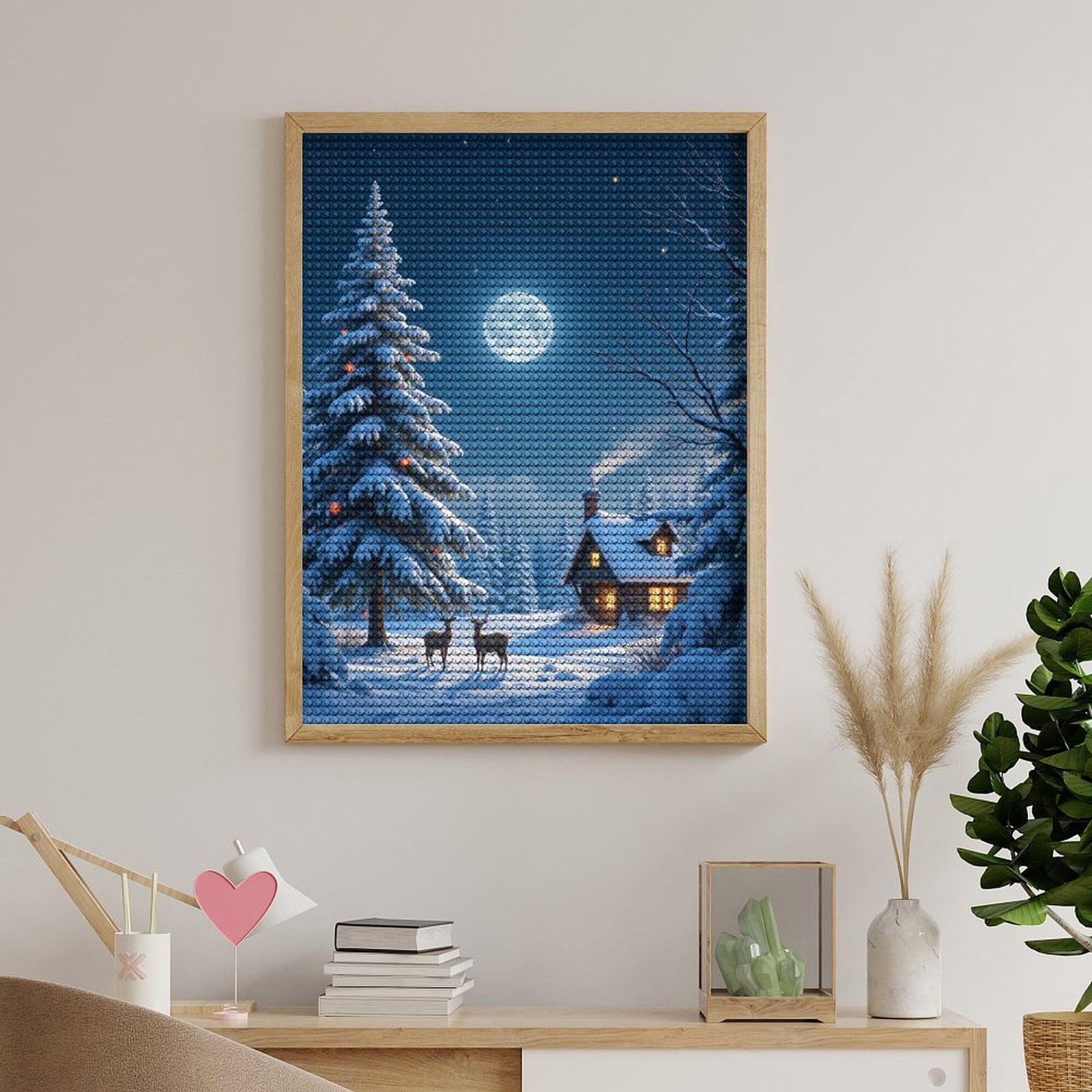 Diamond Art Kits for Adults, Winter Night Cabin Deer Moon Snow 5D Diamond Painting Kits for Adults Beginners, DIY Full Drill Diamond Painting, Gem Art and Crafts 12x16