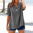 thumbnail image 2 of Holzkary Loose Shirt Top Stand Solid Color Sleeve Collar Casual Womens Short Sleeve Summer Tops Casual V Neck Button Down Shirts Loose Fitted Solid Color Tees Fashion Ladies Tops Grey S, 2 of 9