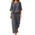 thumbnail image 3 of Bovxnpu Women's 2 Piece Outfits Crew Neck Short Sleeve Wide Leg Pants Casual Lounge Set, 3 of 7