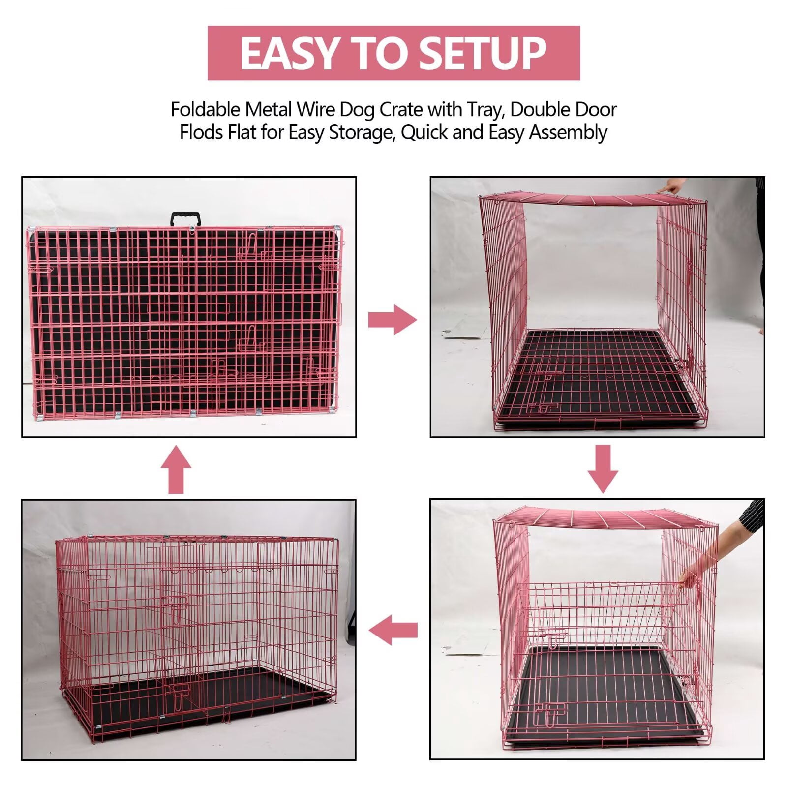 YRLLENSDAN,Dog Crates for large Dogs,large Dog Kennel Indoor,Wire Dog Crates,Collapsible Dog Crate,Crates for Dogs Indoor,48 Inch,Pink