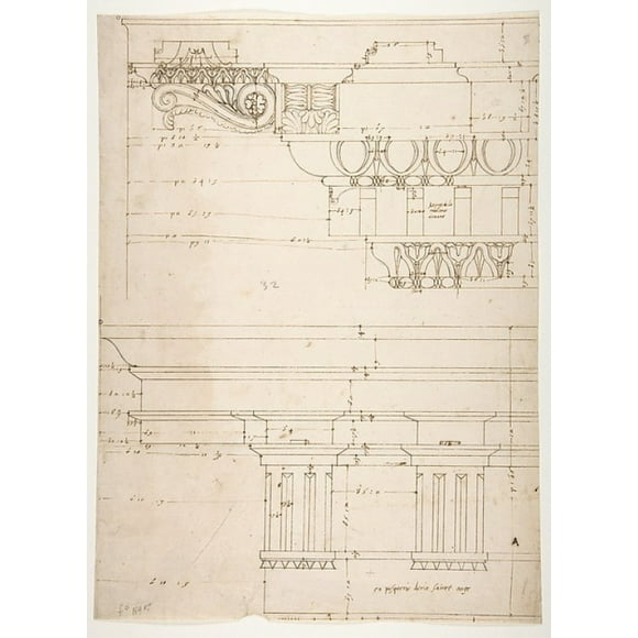 Basilica Ulpia, cornice, elevation profile with ornamental detailing; Domus Turciorum, entablature, elevation profile (recto) Domus Turciorum, elevation, perspective (verso) Poster Print (18 x 24)