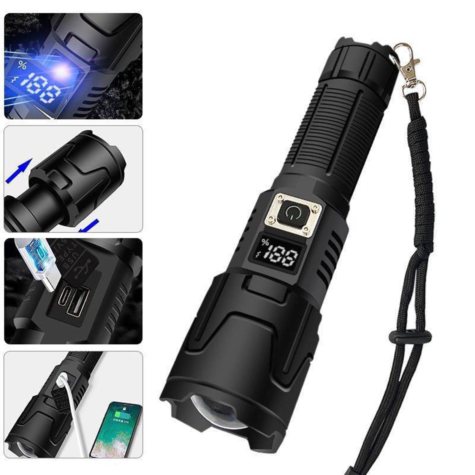 High-Power 100000 Lumens Rechargeable Flashlight with LCD Display, USB Charging, 3 Modes, Waterproof Aluminum Torch for Camping and Emergencies