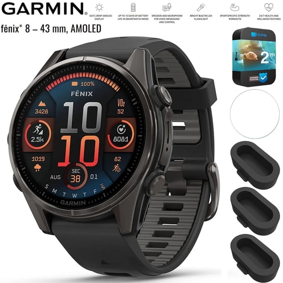 Garmin 010-02903-20 Fenix 8 43 mm AMOLED Sapphire Carbon Gray DLC Titanium with Black Silicone Band Bundle with Dust Cover for Fenix3 Pack, Screen Protector and 2 YR CPS Enhanced Protection Pack