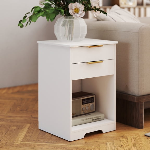 Spaco 22" Nightstand with 2 Drawers, Morden End Table with Open Space, Golden Handle for Living Room, Bedroom, Easy Assemble, White