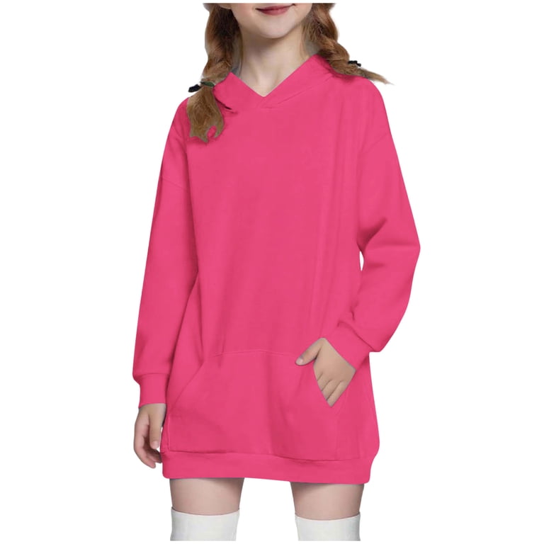 Faioroi Big Girls' Hooded Sweatshirt Dress 7T - Hot Pink, 100% Polyester, Loose Fit, Machine Washable, Comfortable for Daily & School Use, Girl's,