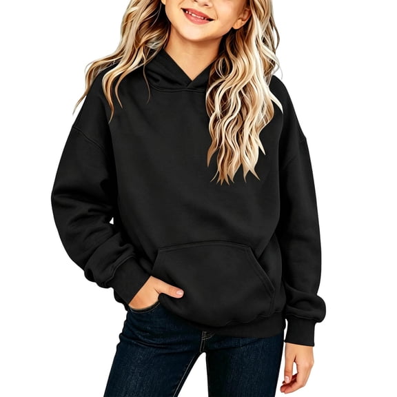 Ohufall 2-13T Girls Boys Cotton Sweatshirt Hooded Loose Long Sleeve Sweatshirts Pocket Pullover Soft Solid Color Top