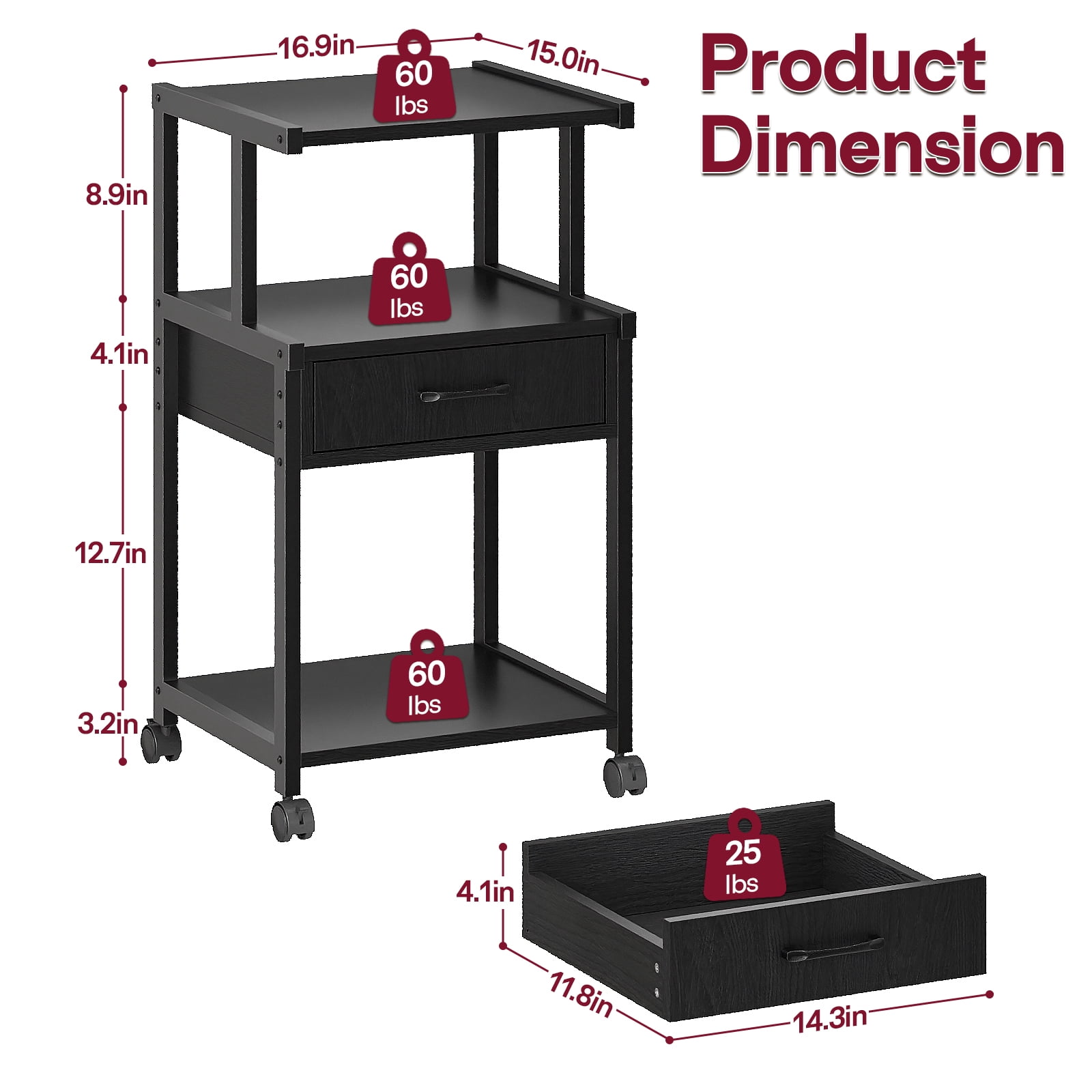 YQ JENMW Printer Stand with Wheels,Drawer and Storage Shelf,3-Tier Rolling Mobile Printer Cart Fits Letter and A4 Size Files for Home Office,Black