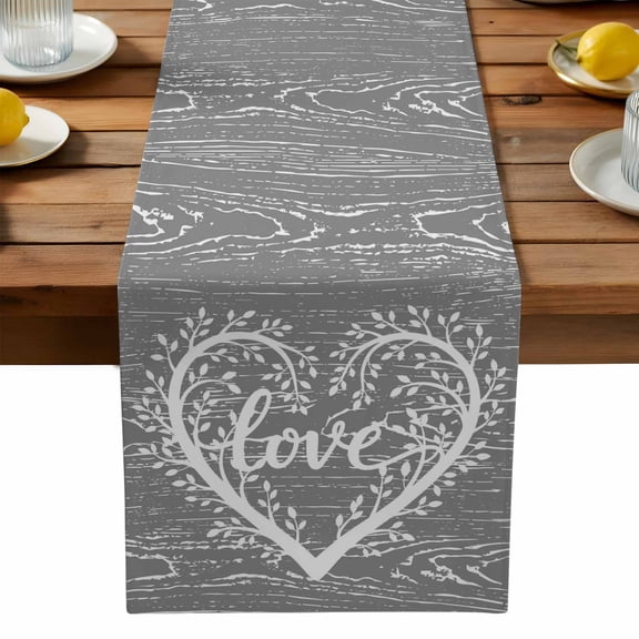 Valentine's Day Table Runner, Spring Tree Branches Love Heart Grey Wooden Stripes Washable Kitchen Table Runners Dress Scarves for Dining Table Decorations Party, 13x108in