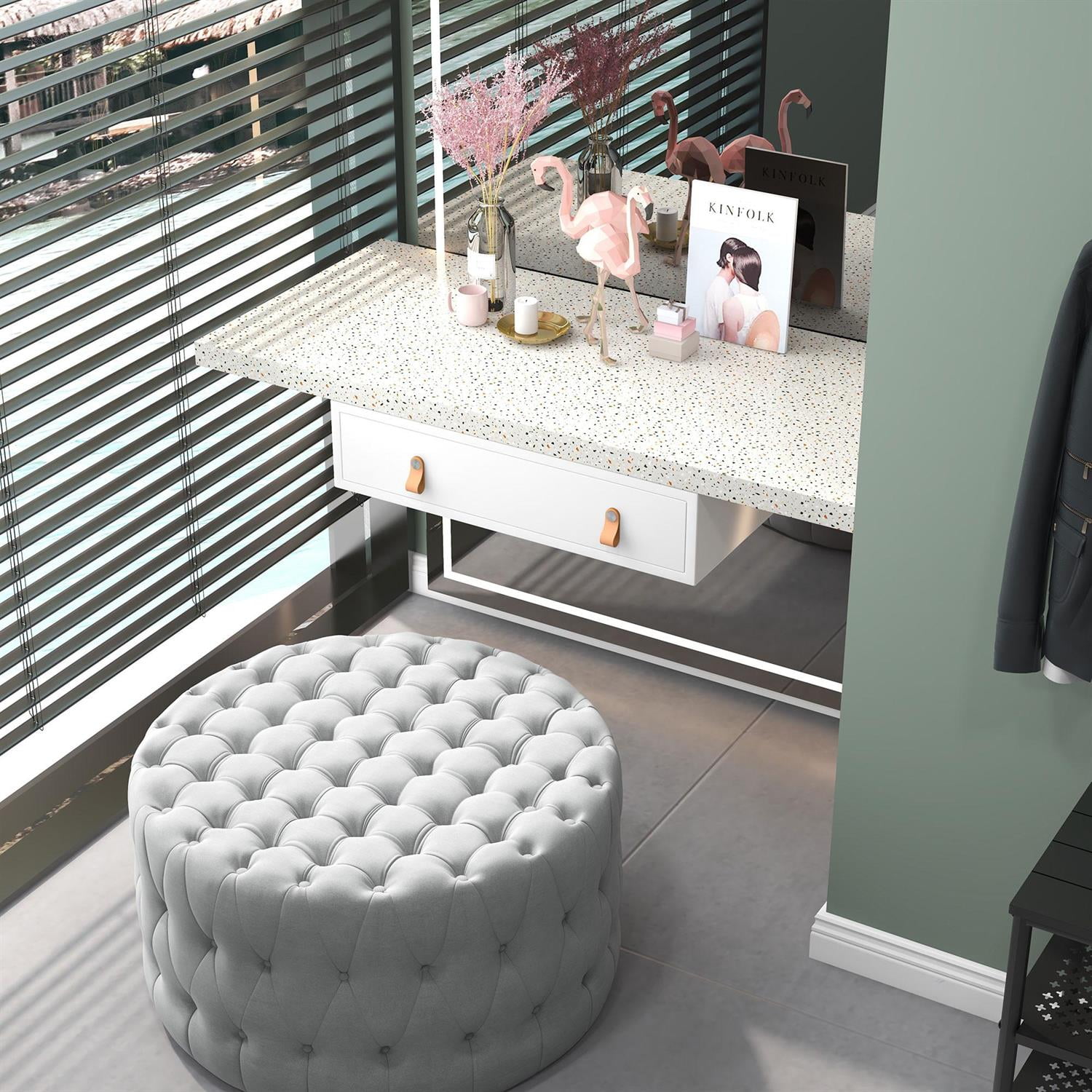 Demi Bonn 31" Coffee Table Ottoman with Velvet Upholstery, Button Tufted Design & Padded Seat for Living Room, Durable Wood Construction, Light Gray