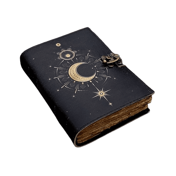 Celestial Leather Journal with Crescent Moon Design, 5x7 Inch Handmade Notebook, 200 Vintage Handmade Paper Pages, Antique Locking Diary for Writing & Sketching