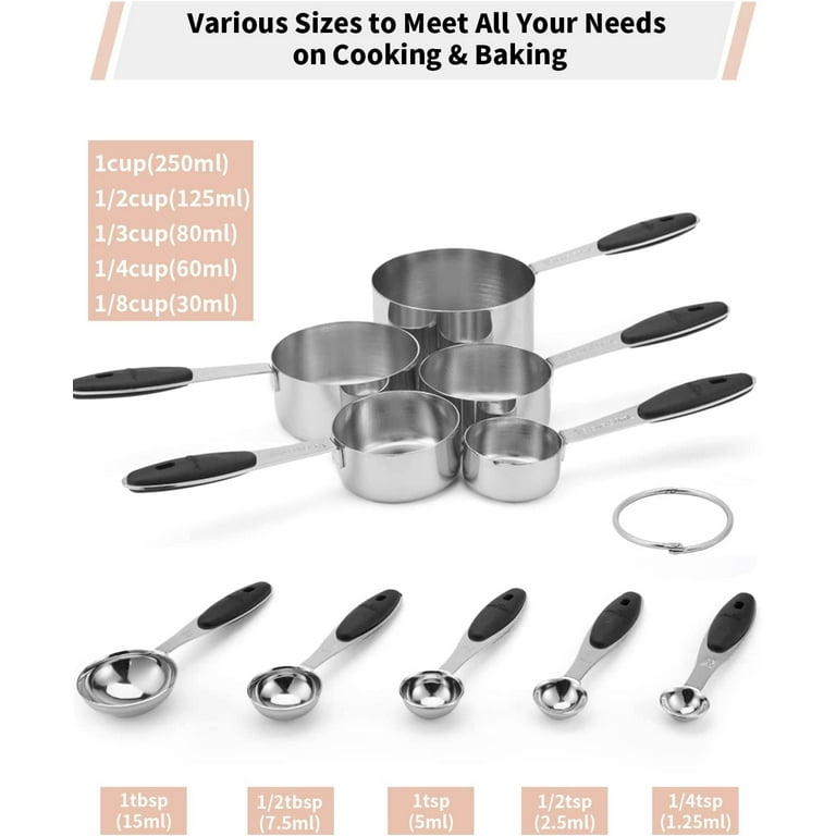 Stainless Steel Measuring Cups and Spoons Set of 10 Piece, Nesting Metal Measuring  Cups Set with Soft Touch Silicone Handles for Dry and Liquid Ingredients,  Cooking & Baking (Black) 