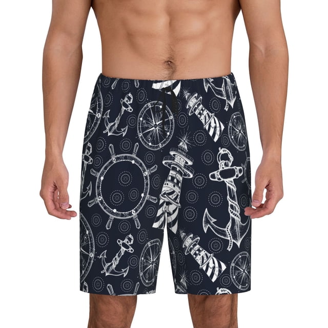 Balery Anchor and Lighthouse Pantalones cortos de pijama de punto de algodón para hombre con cinturilla y bolsillos-X-Large