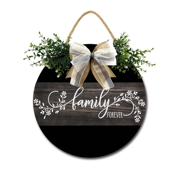 Front Door Porch Decorations Family Forever Door Hanging Sign 12 inch Wooden Wall Sign, Rustic Holiday Wreath Decor for Front Door Porch Home Window Wall Farmhouse Decorations