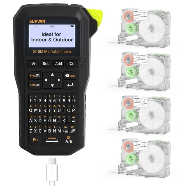 SUPVAN G15M Mini Machine à Étiqueter Portable avec 4 Rubans, Batterie Rechargeable 1200mAh Imprimante à Transfert Thermique, Compatible avec Étiquettes Multi-Type