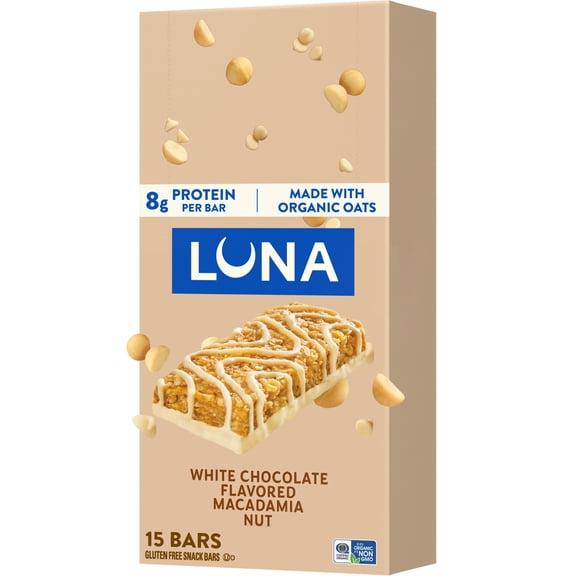 LUNA White Chocolate Macadamia Flavor Gluten Free Snack Bars, Protein Bars, 15ct