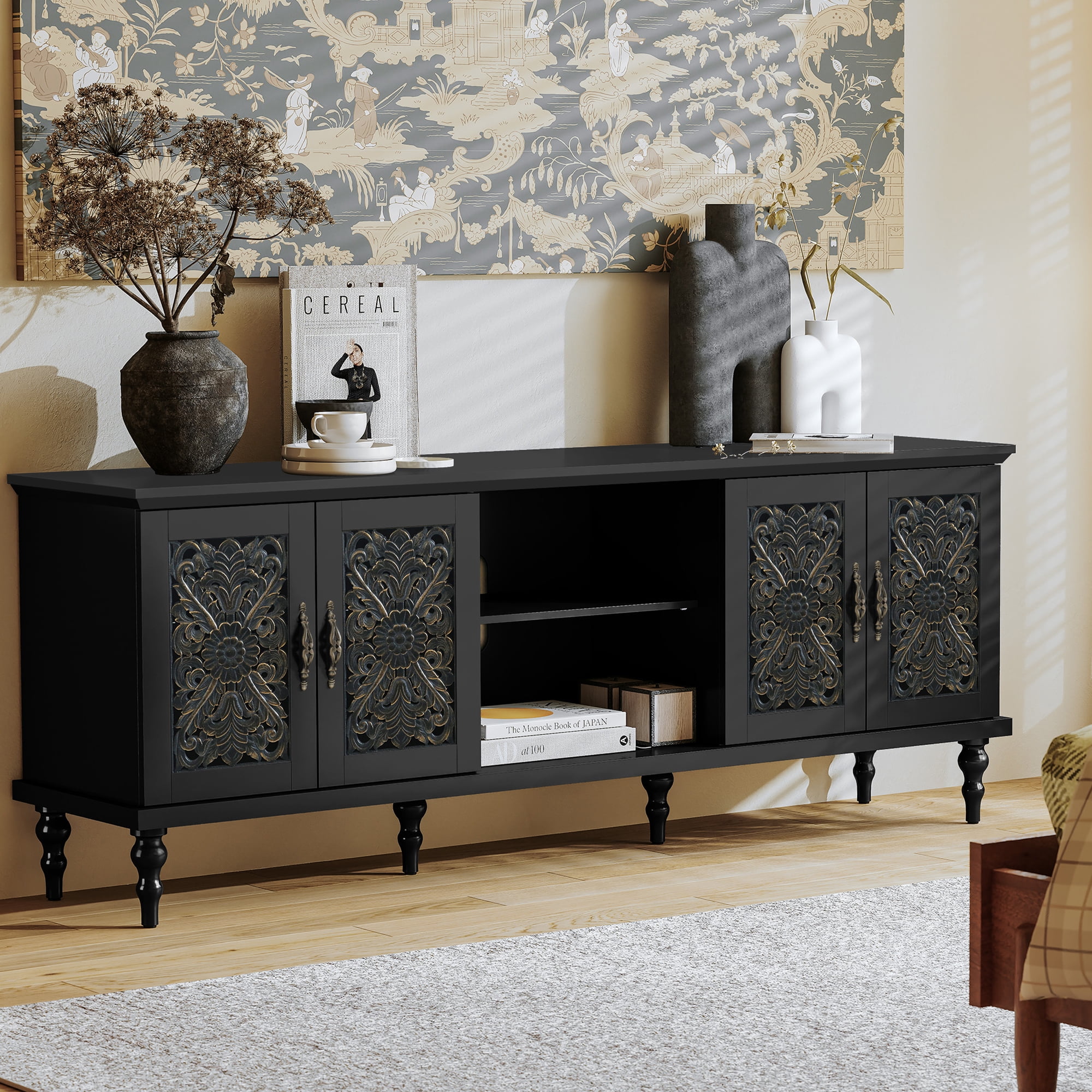HLR Retro 67" TV Stand, for TVs up to 75", Living Room Entertainment Center with Carved Storage Cabinet, Black