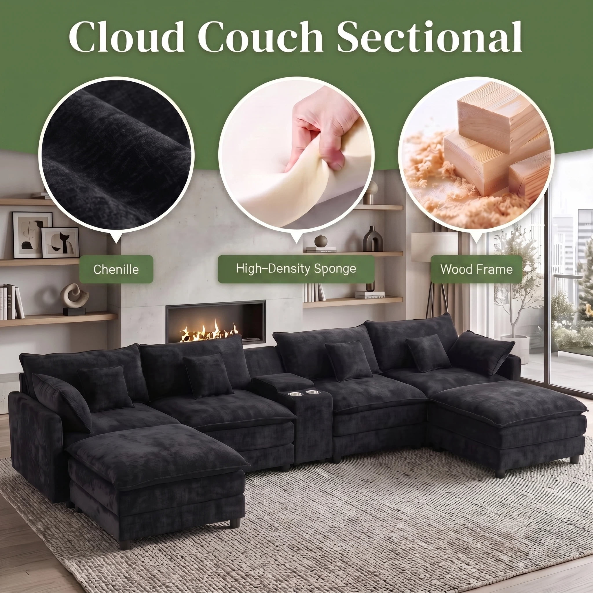 UBERLYFE 145 Inch U-Shaped Cloud Sectional Sofa, Chenille Modular Couch With Double Chaise, USB Charging Ports, Hidden Storage & Cup Holders For Living Room, Black