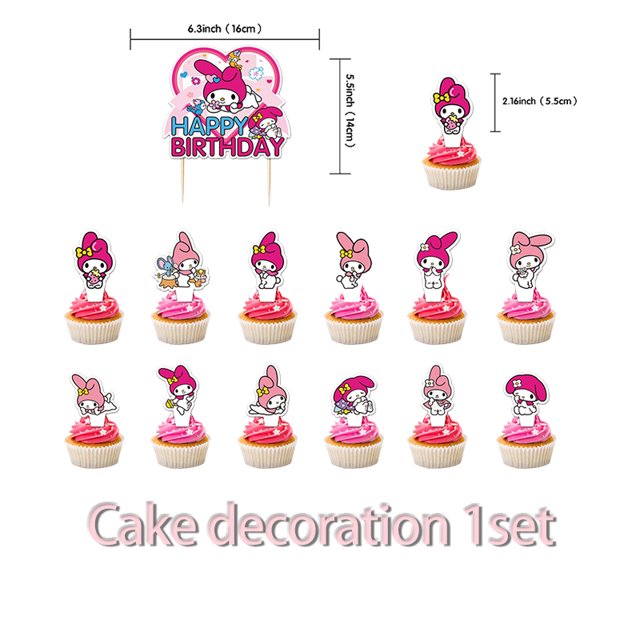 Juego de vajilla para fiesta de cumpleaños con melodía de Sanrio, pancarta desechable para tarta, bandera colgante, globos con melodía, decoración de cumpleaños