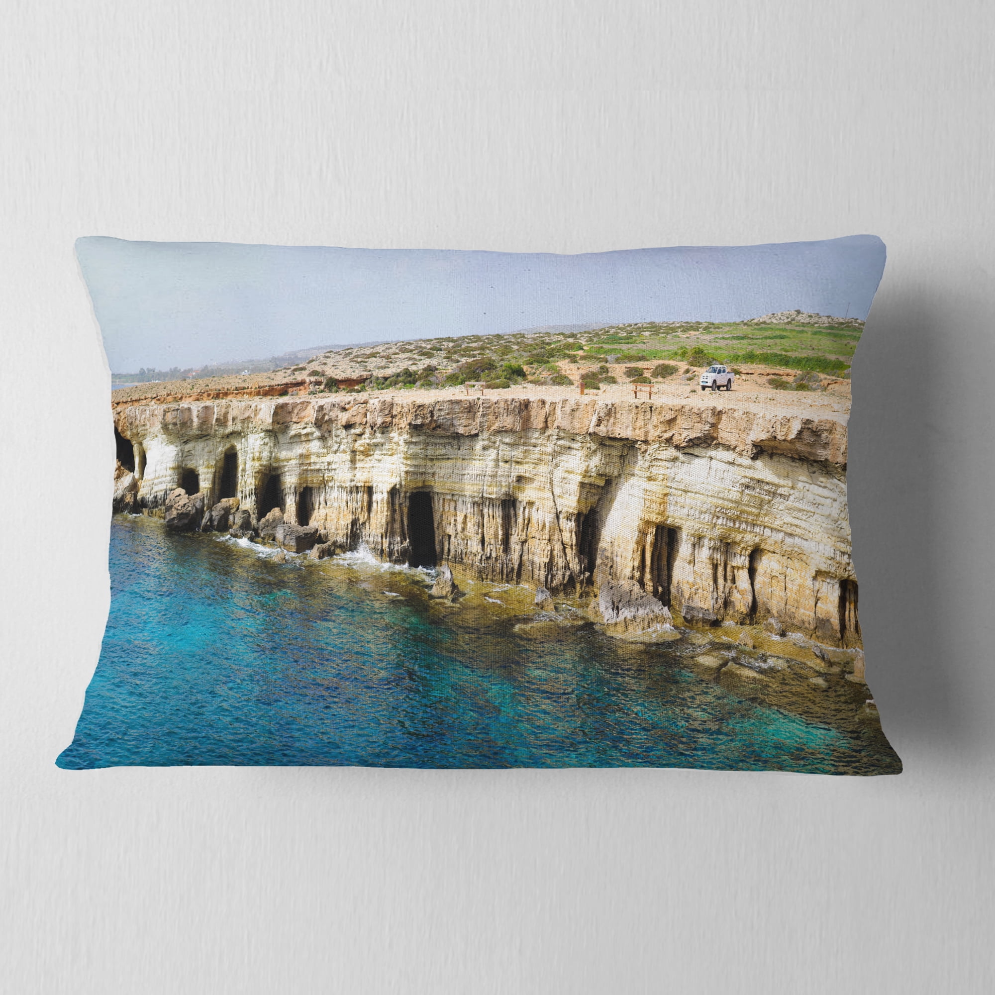 Designart Sea Caves near Cape Greko Panorama - Modern Seascape Throw Pillow - 12x20