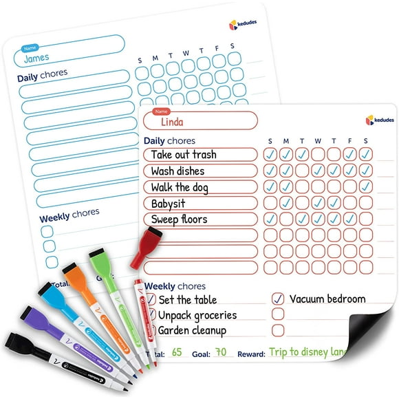 Kedudes Dry Erase Behavior & Chore Chart with Individual Magnetic White Board Chart Set for 2 Kids + 6 Colored Markers with Eraser Caps Family, Teacher, School & Homeschool Supplies