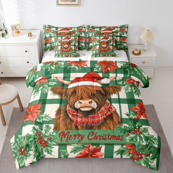 Castle Fairy 7-Piece Twin Highland Cow Christmas Plaid Bedding Set