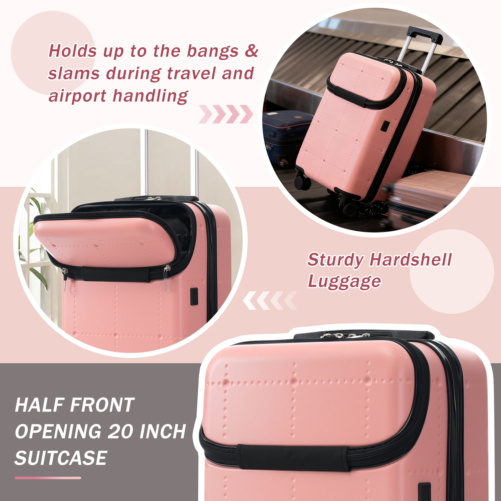 Euroco Luggage Sets 5 Piece, ABS Hardside Expandable Suitcase Set with TSA Lock Spinner Wheels and 2 Bags,20" Half-opening Carry on Luggage with USB Port for Travel,Light Pink(20"/24"/28")