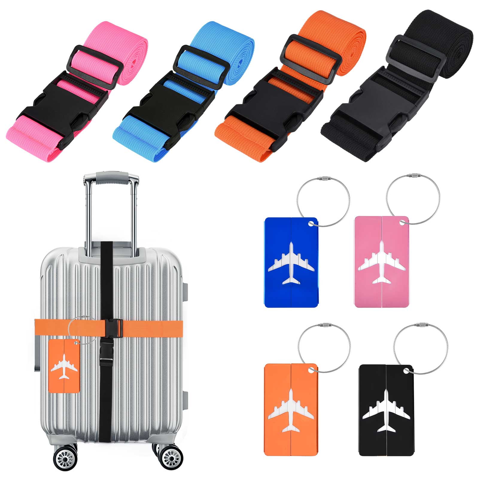 Taihexin 4 Pack Luggage Straps with 4 Pack Luggage Tags, Adjustable Suitcase Belts with Quick Release Buckle, Non-Slip Security Belts and Suitcase Tags, Travel Accessories for All Suitcase Baggage