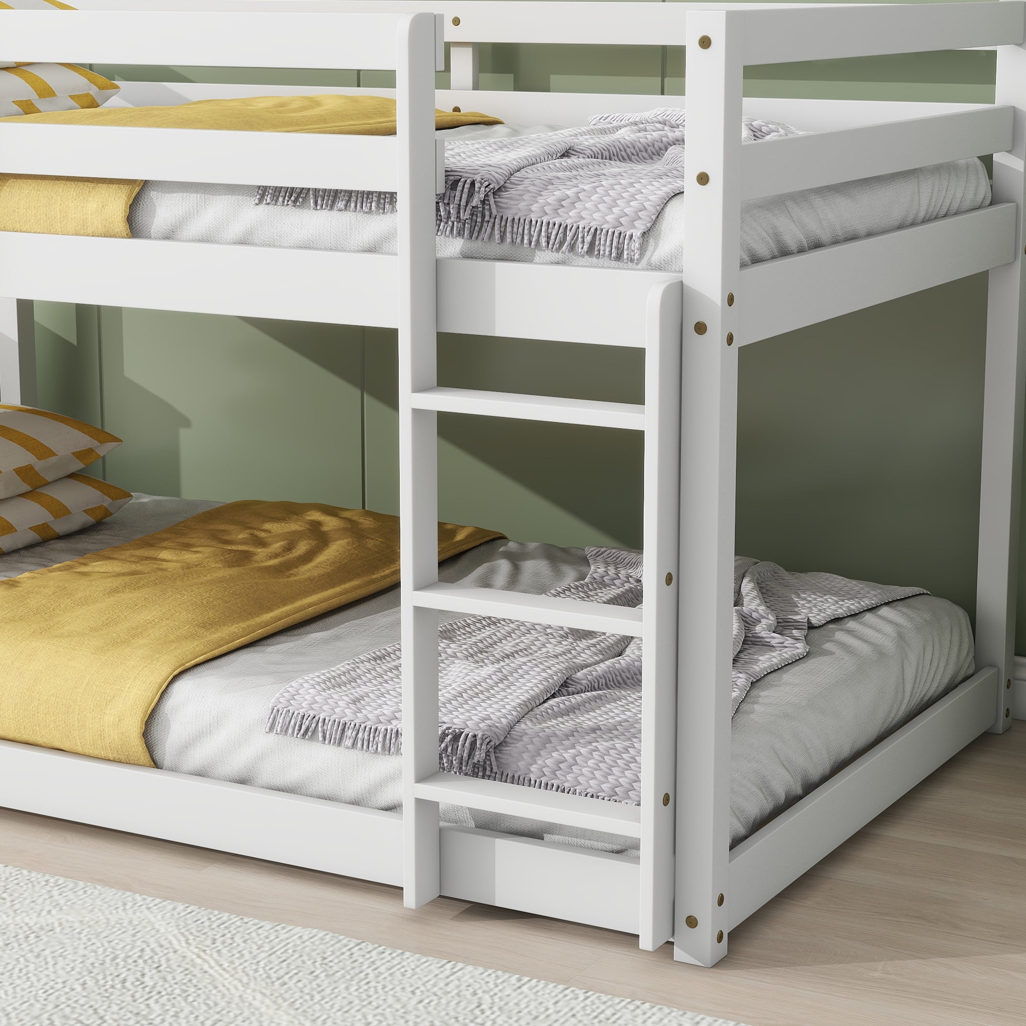 Sailvan Twin over Twin Floor Bunk Bed with Ladder, Solid Wooden/Solid Rubber, Upper and Bottom Bed Platforms crafted with Strengthened Slats