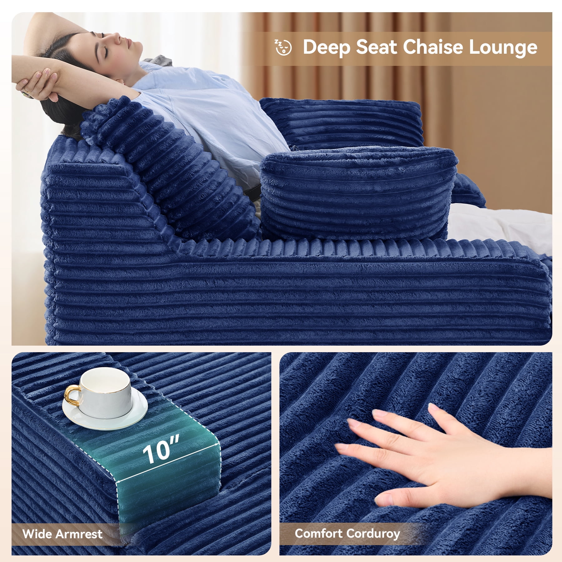 MOONMISS 68" Oversize Chaise Lounge Chair Indoor,Comfy Non-assembly Sofa Couches With 3 Pillows,Blue
