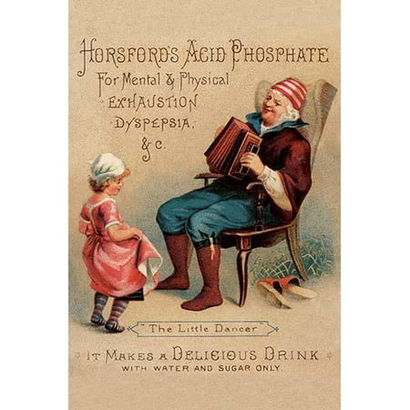 A Victorian medical trade card for a quack medical cure showing a man playing the accordion as a little girl dances  This medicine was for mental and physical exhaustion and dyspepsia  Many cards of
