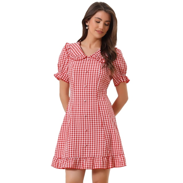 Vestido casual de verano con estampado de cuadros con volantes y mangas abullonadas con cuello Peter Pan Rojo S
