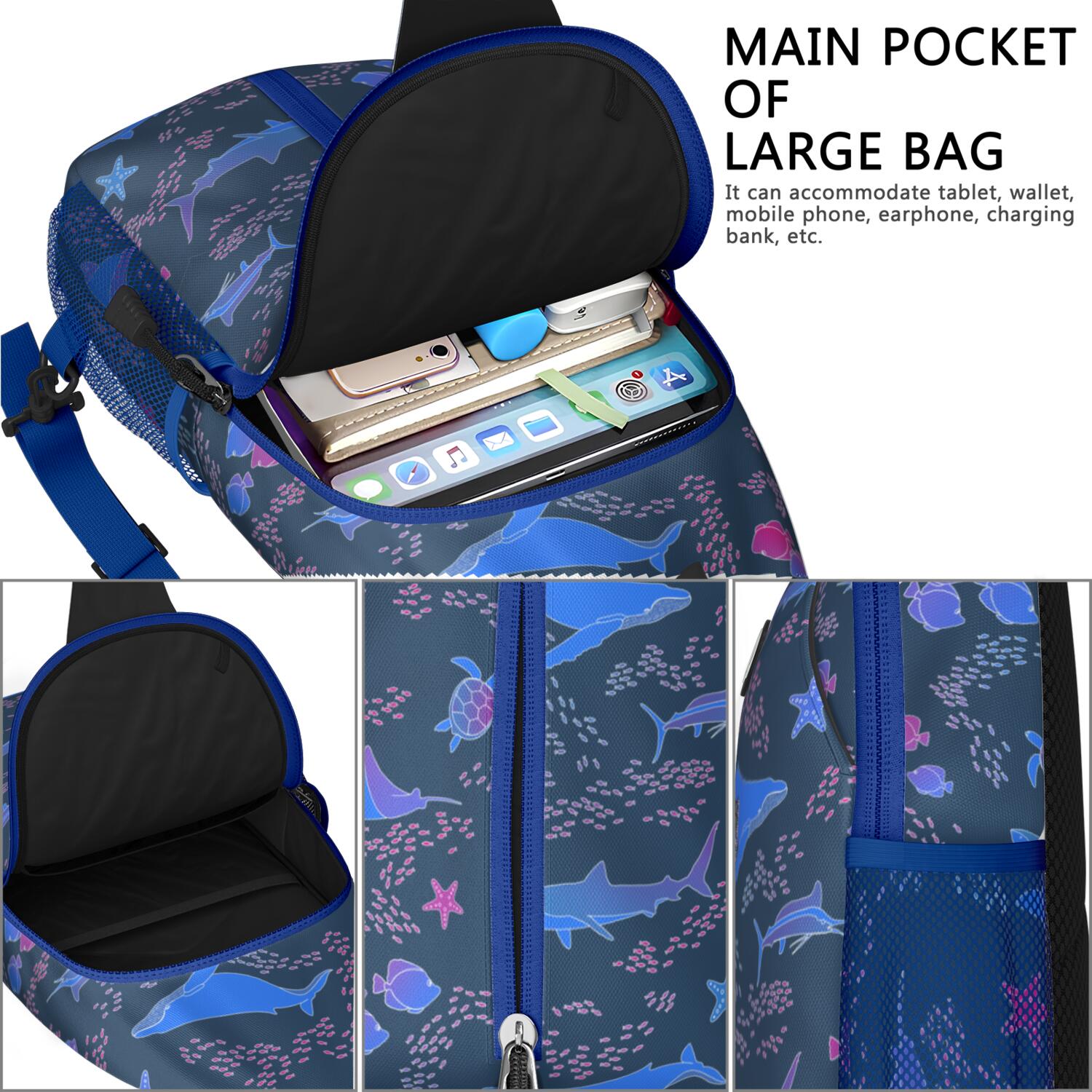 Crossbody Sling Backpack for Women Men Ocean Life Whale Seastar Fish Turtle Shoulder Sling Crossbody Casual Chest Bag for Travel Sports Running Hiking