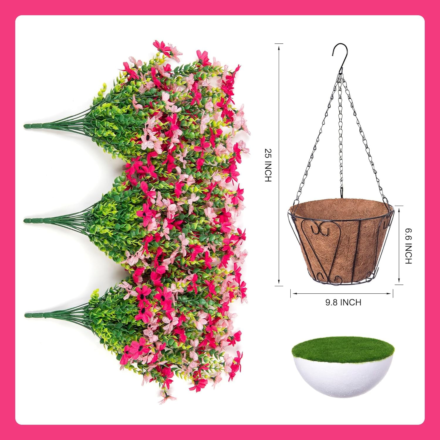 Artificial Fake Spring Hanging Flowers Plants with Basket Outdoor Flower Decor, Faux Silk Colorful Daisy in Metal Coconut Lining Pot Plastic Shrubs Decor Farmhouse Home Garden (Rose Pink)