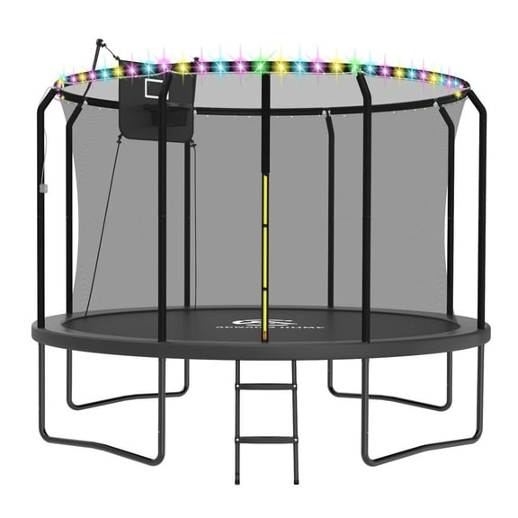 ACWARM HOME 2025 NewTrampoline 12FT Premium Black Trampoline with Basketball Hoop and LED Lights Recreational Trampolines for Kids and Adults with Net and Ladder