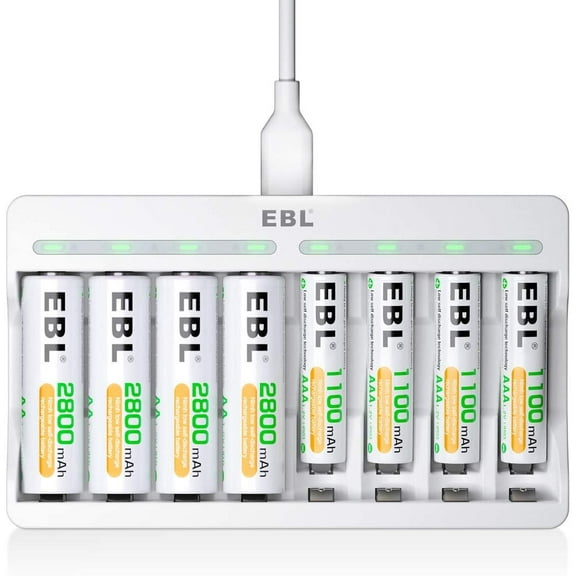 EBL Rechargeable AA Batteries 2800mAh and AAA Batteries 1100mAh (4 Pack) with 8-Bay Battery Charger